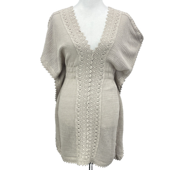 Seaspice Resort Wear Womens L Tan Tunic Cover Up Crochet Peruvian Cotton Boho - Picture 1 of 6